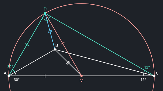 The previous diagram with line segment BD added, marked as being the same length as BM.